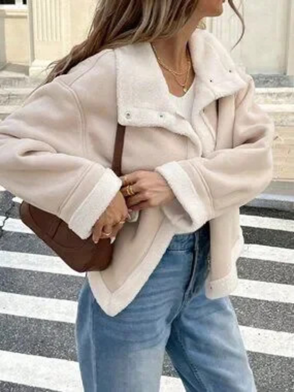 ZARA Apricot Casual Women's Loose Fit Zip-Up Collar Thermal Lined Jacket